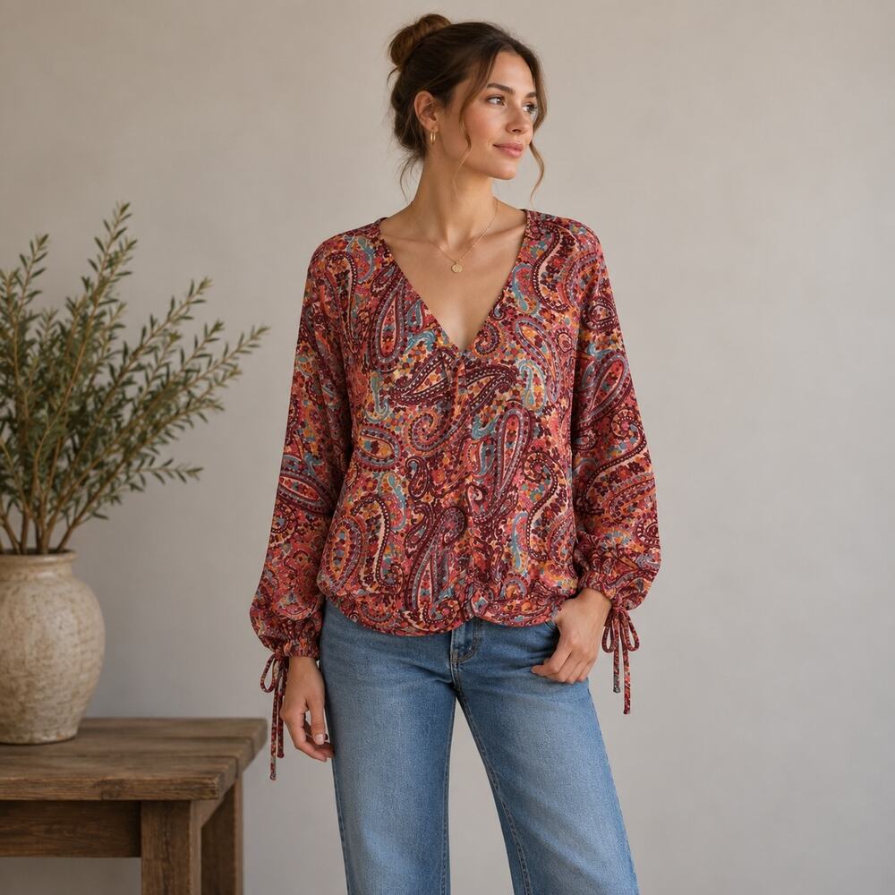 Umgee Orange Maroon Paisley V neck Top Small